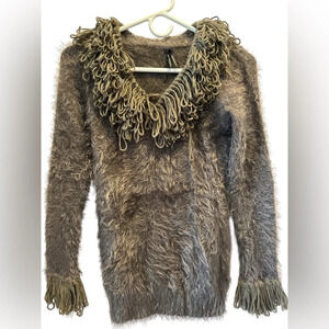 Lapis Brown Soft Stretchy Shaggy Hair Lion Neck & Cuffs Sweater